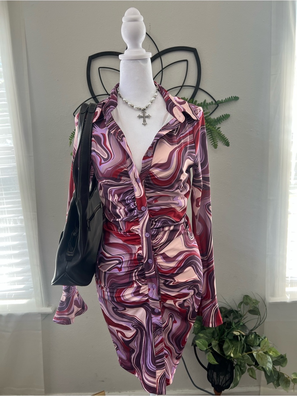 Y2K Marble Print Ruched Button Front Mini Dress Small